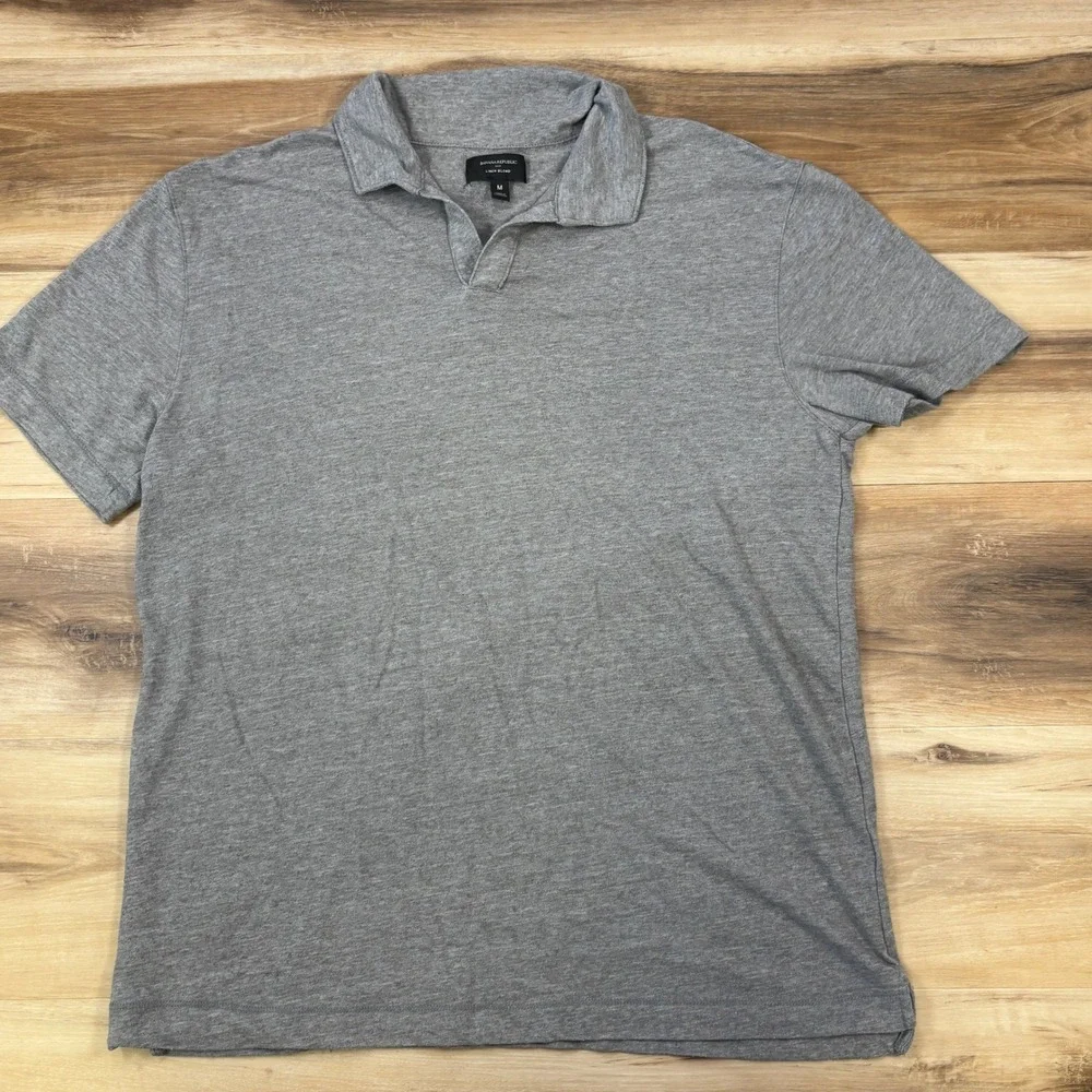 Banana Republic Polo Mens L Gray Minimalist Linen Blend Johnny Collar Shirt